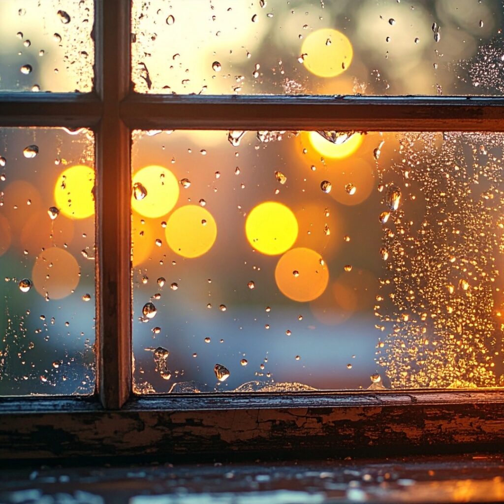 looking out a windowpane with trees and golden lights in the background blurred and window wet from rain