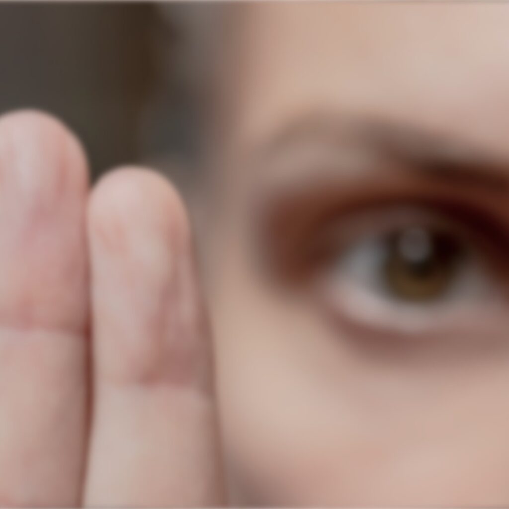 close up of two fingers held up with partial view of woman's face blurred out in background